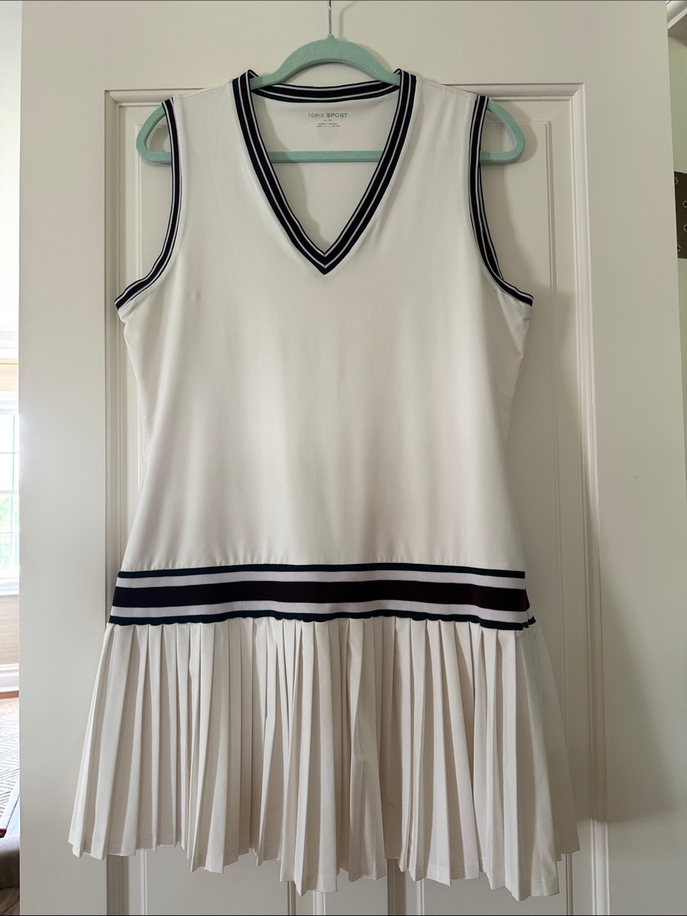 Tory Burch Sport White Sleeveless Pleated Tennis Dress with Navy Stripes, XL